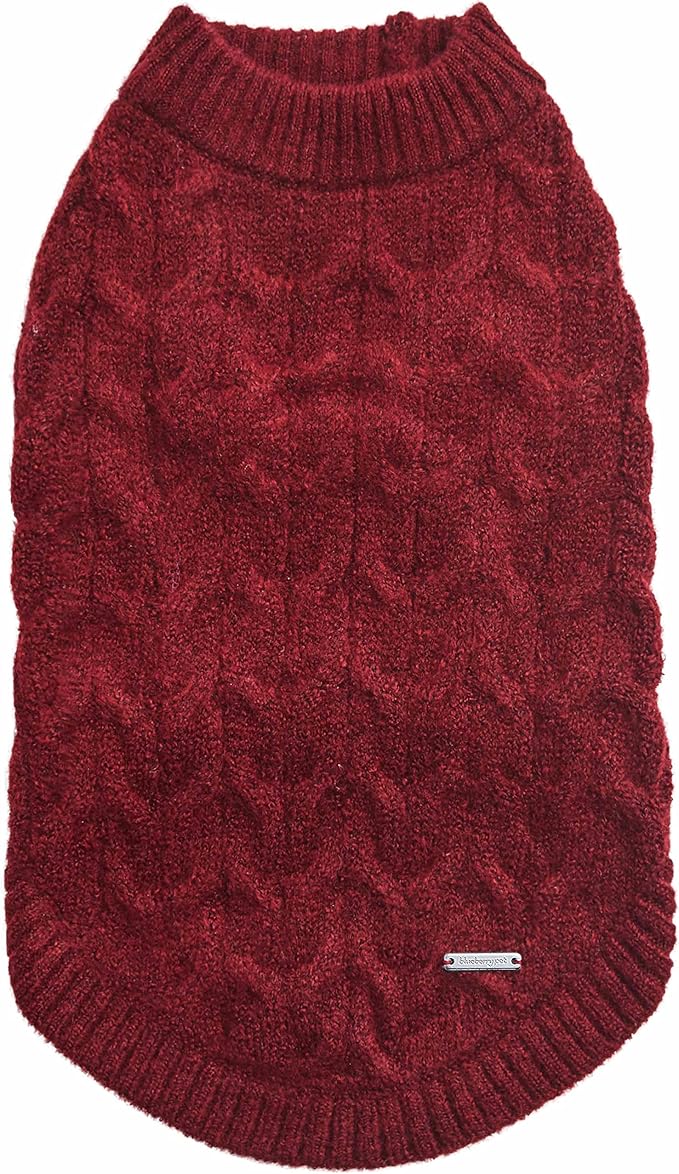 Blueberry Pet Classic Fuzzy Textured Knit Pullover Crew-Neck Dog Sweater in Burgundy Red, Back Length 22", Pack of 1 Clothes for Dogs