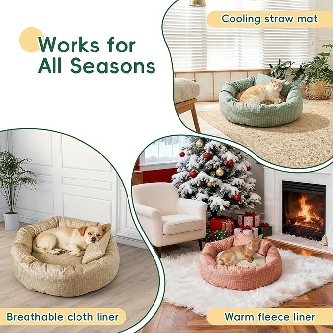 Colewin Small Cat Bed for Indoor Cats Dogs, Washable Round Donut Pet Bed for Puppies Kittens, Cute Rabbit Bunny Beds with Reversible Winter & Summer Cushion for Pets Up to 8lbs (Red)