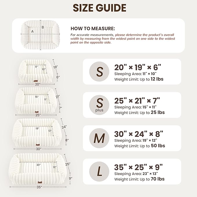 Warmrest Washable Dog Bed for Small Medium Dogs - Rectangle Orthopedic Corduroy Fleece Pet Bed with Removable Cover and Nonskid Bottom, Calming Puppy Bed Soft Pet Sofa, Cream(35x25x9inchs)