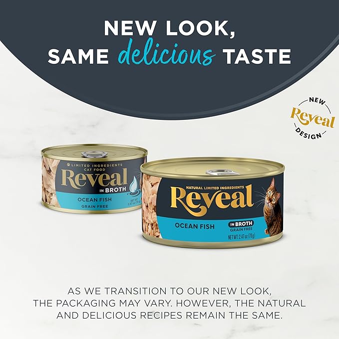 Reveal Natural Wet Canned Cat Food, Limited and Natural Ingredients, Grain Free, High Protein with No Artificial Additives, Ocean Fish in Broth (24 x 2.47 oz Cans)