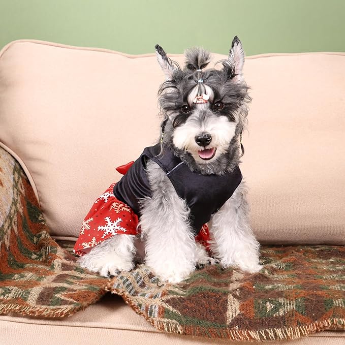 CuteBone Christmas Dog Dresses Velvet Holiday Small Dogs Clothes Onesie Pet Apparel Girl Puppy Skirt with Bow Hair Rope CVA54L-D