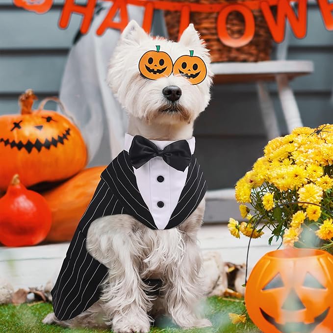 PUMYPOREITY Dog Tuxedo and Bandana Set, Formal Gentleman Dog Attire with Bowtie for Wedding, Birthday, Christmas, 2XL Stripe