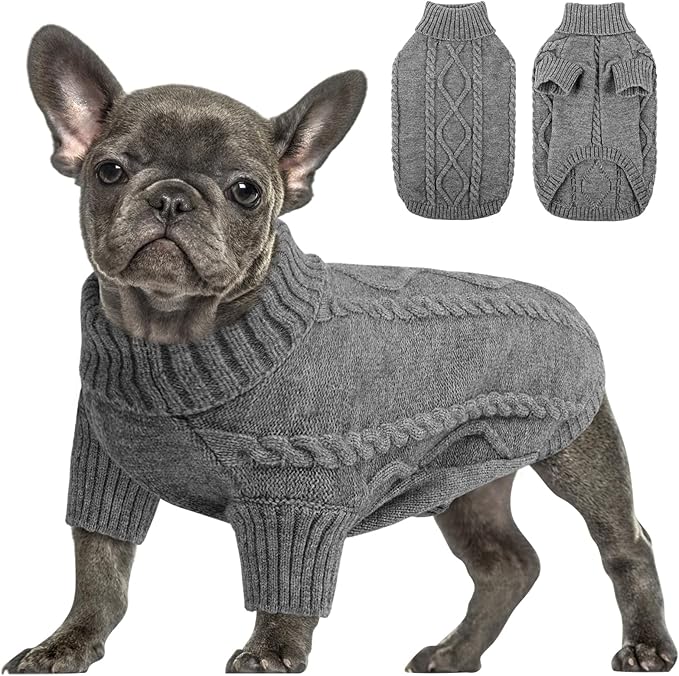 Queenmore Small Dog Pullover Sweater, Cold Weather Cable Knitwear, Classic Turtleneck Thick Warm Clothes for Chihuahua, Bulldog, Dachshund, Pug (Slate Grey, Small)