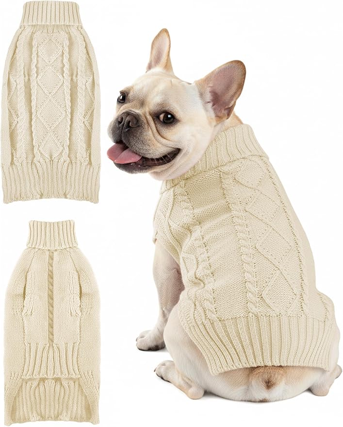 Dog Sweaters for Small Medium Large Dogs Cats, Soft Warm Turtleneck Pullover Solid Cable Knit Fleece Stretch Pet Clothes,Classic Fuzzy Coat for Puppy Girl Boys for Fall Winter Cold Weather