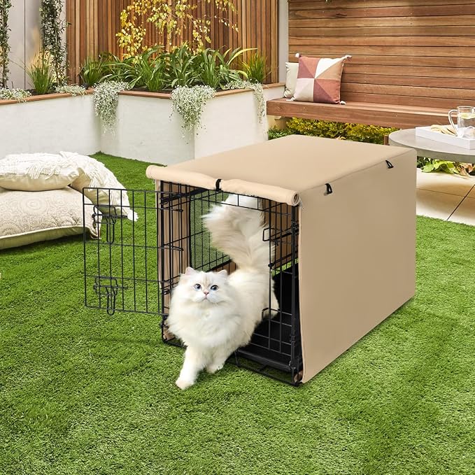 Seiyierr Dog Crate Cover - Kennel Cover Fit for 48 Inch Dog Crate, Double Door Polyester Crate Cover for Wire Dog Crate Indoor Outdoor Protection, Light Tan