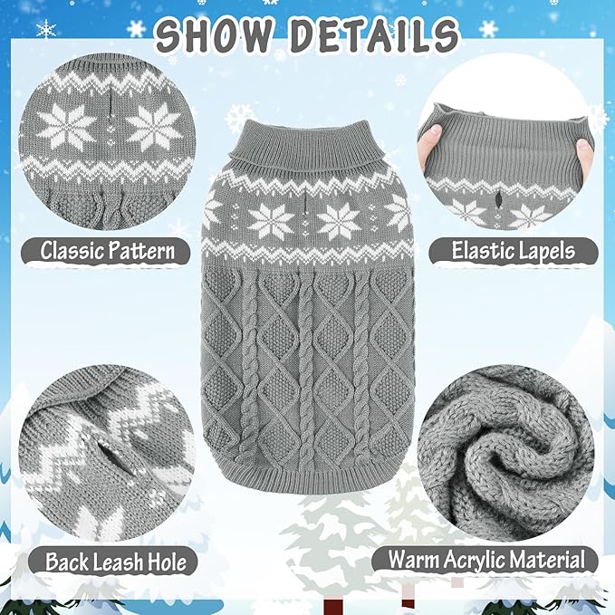 Warm Winter Dog Sweater - Cold Weather Pet Clothes for Small Medium Large Dogs Indoor Outdoor, Soft Classic Knit Puppy Apparel, Grey, M