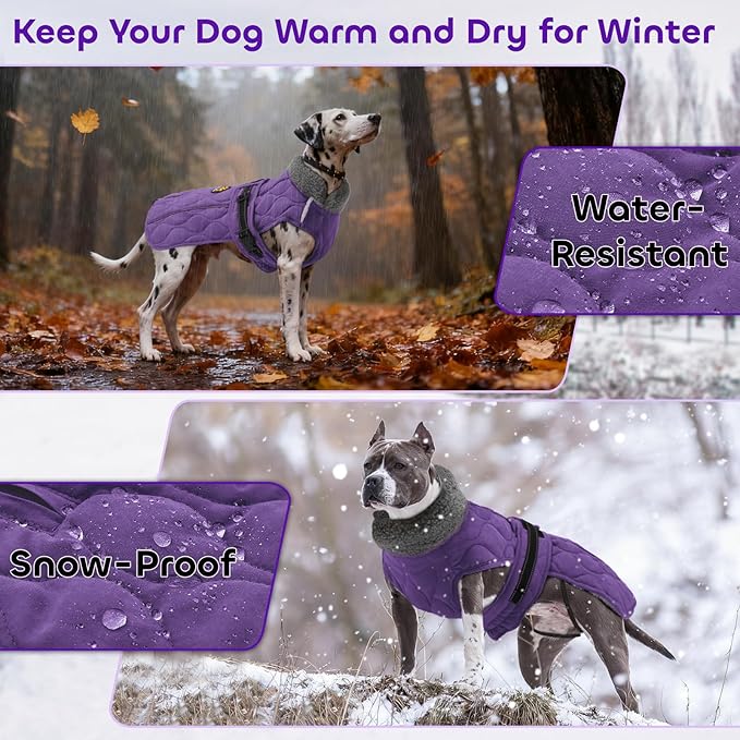 Dog Winter Jacket, Adjustable Water-Resistant Dog Warm Coat with Fleece Lining, Windproof Cold Weather Coats for Winter, Reflective Snow Jacket for Labrador Golden Retriever, NewPurple XL