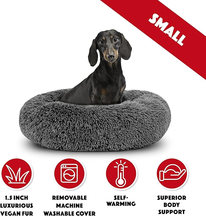 The Dog’s Bed Sound Sleep Donut Dog Bed, Small Dark Grey Fur Calming Nest Bed, Veterinary Approved
