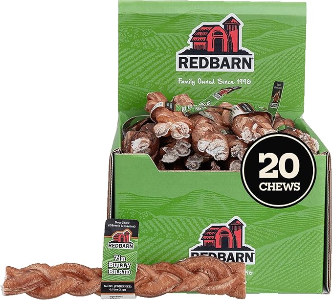 Redbarn 7" Braided Bully Sticks for Dogs. Natural, Highly Palatable, Long-Lasting Dental Chews Sourced from Free-Range, Grass-Fed Cattle (20 Sticks)