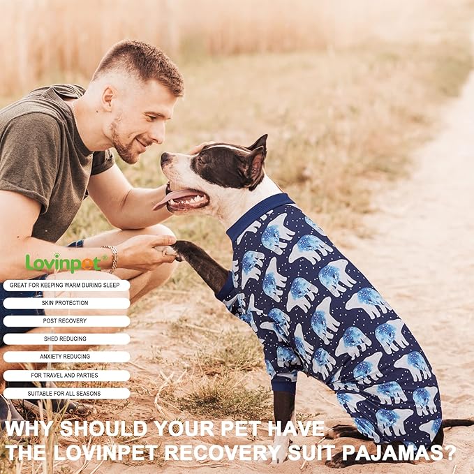 LovinPet Big Dog Pajamas, Post Surgery Onesie UV Protection, Blue Triangle Print, Lightweight Stretchy Big Dogs Pullover Shirt, Full Coverage Large Breed Dog Jammies, Pet PJ's, Medium