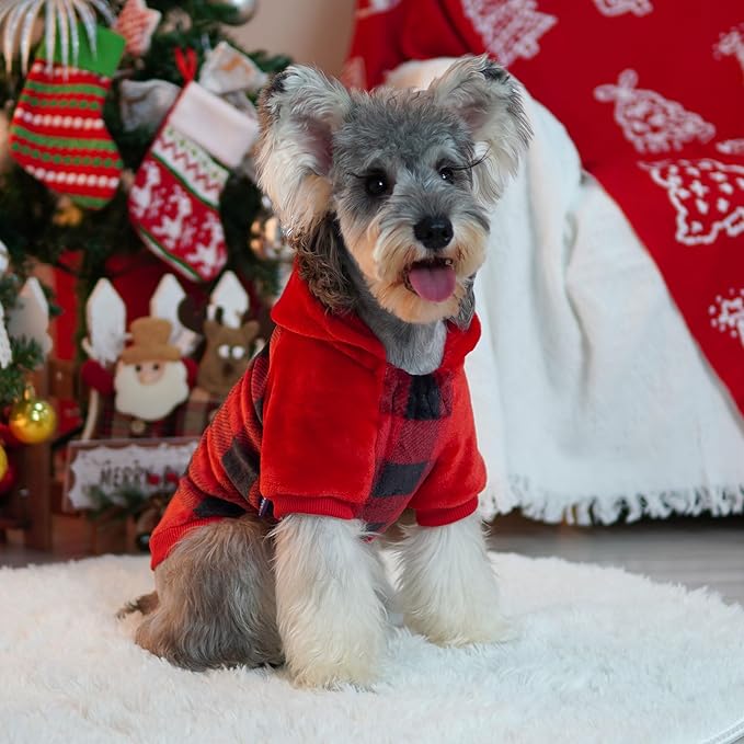 cyeollo Dog Sweater Christmas Coat Dog Flannel Sweatshirt Doggie Hoodie Puppy Winter Clothes Buffalo Plaid Dogs Coats for Small Dogs Pet Apparel