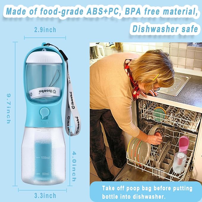 Cibaabo Dog Water Bottle with Food Container & Poop Bag Holder & Filter | Feeding & Hydration & Waste All in One | Travel Puppy Water Bowl | Portable Pet Dispenser | Dog Gifts | for Walking Beach