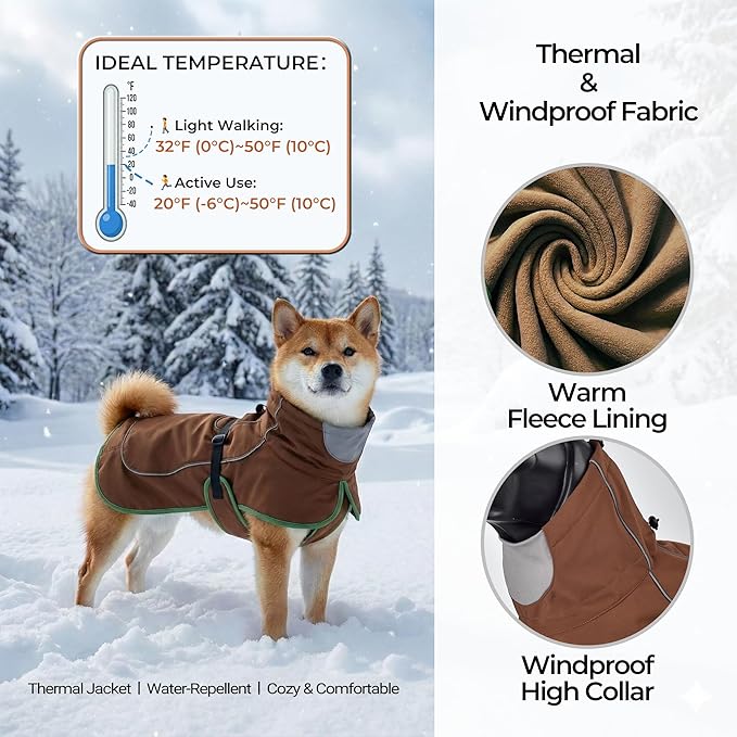 Softshell Dog Winter Vest, Fleece Lined Water-Repellent Jacket for Hiking & Running, Adjustable Windproof Winter Coat with Anti-Slip Leg Straps for Active Dogs (Brown, X-Small)