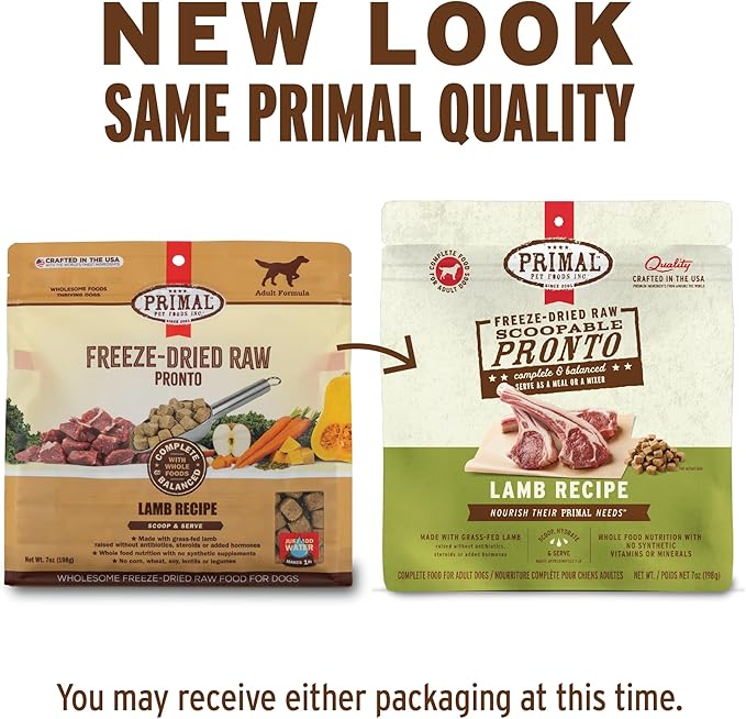 Primal Freeze Dried Dog Food, Pronto Mini Nuggets, Lamb; Scoop & Serve, Complete & Balanced Meal; Also Use as Topper or Treat; Premium, Healthy, Grain Free, High Protein Raw Dog Food (7 oz)