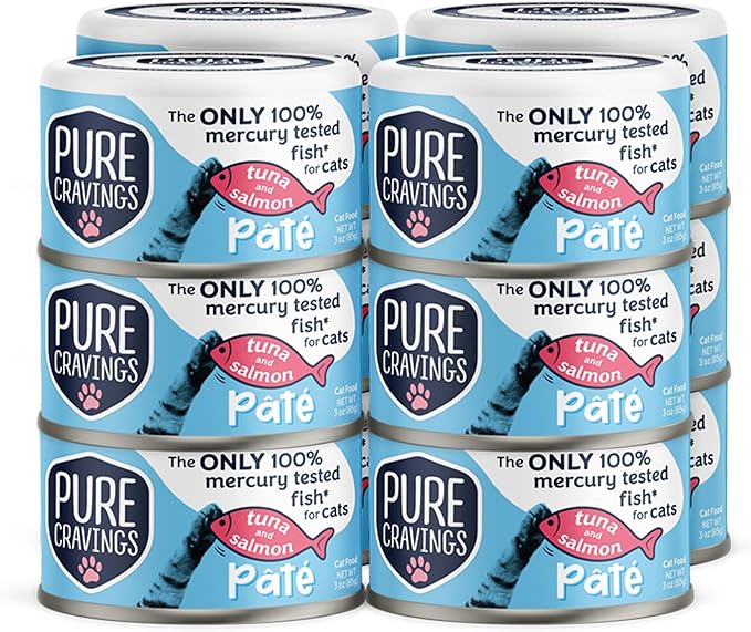 Pure Cravings Tuna and Salmon Pate, Canned Wet Cat Food, 100% Mercury-Tested, Moist Can Fish, Grain-Free Protein, Non-GMO, 12 Pack
