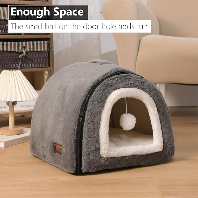 OMIVIER Cat Bed for Indoor Cats，Foldable cat cave，Anti-Slip & Water-Resistant Bottom，cat Houses for Indoor Cats or Small Dogs, Kitten Tent, Rabbit Bed (Dark Grey, L:(17.5"×16.9"×15.9"))