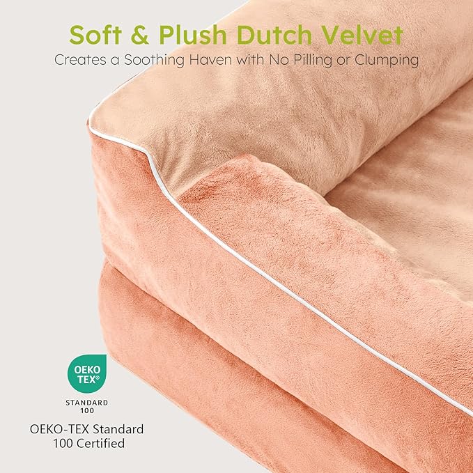 Jumbo Dog Bed for Extra Large Dogs, Orthopedic Dog Bed with Cooling Gel Memory Foam, Waterproof Pet Bed with Removable Washable Cover, 45" Pet Sofa Couch Dutch Velvet with Bone Toy, Peach Pink