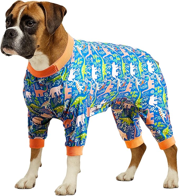 LovinPet Large Breed Dog Clothes Pajamas, Wound Care/Post Surgery Full Coverage Shirt, Dinosaur Land Blue Print, Lightweight Stretchy Knit Pullover Dog Onesie, Pet Pajamas for Dogs, Pet PJ's, 2XL
