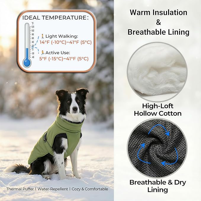 Ultra-Warm Dog Winter Coat for Hiking & Running, Adjustable Puffer Jacket with Anti-Slip Leg Straps, Water-Repellent Shell & Breathable Mesh Lining for Active Dogs (Green, X-Large)