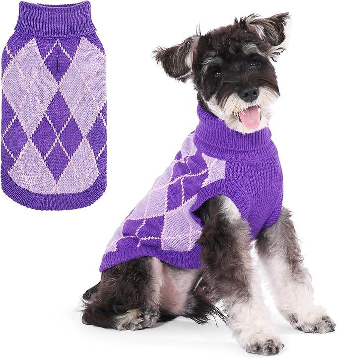 KOOLTAIL Small Dog Sweater, Knit Turtleneck Cold Weather Dog Sweaters for Medium Large Dogs,Soft Diamond Plaid Pullover Knitwear Pet Winter Warm Clothes,Pet Coat Puppy Sweater for Girls Boys,Purple M