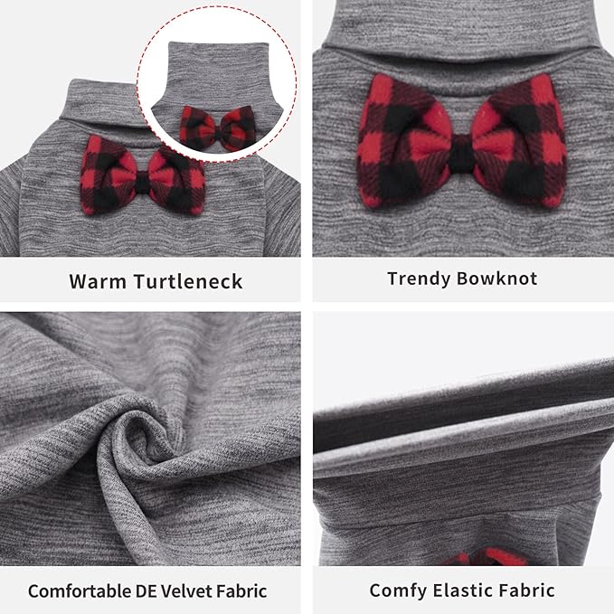 KYEESE Dog Coats Turtleneck Stretchy Dog Pajamas Super Soft Warm Material Dogs Sweater with Bowtie Pet Onesie for Small Dogs Cold Weather Coat, Grey,L
