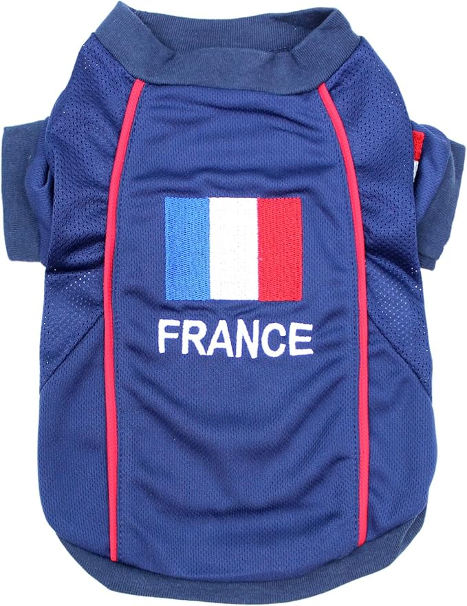 Parisian Pet Dog Jersey - Embroidered “ France “ Breathable Mesh Fabric Dog Sports Costume - Football, and Olympic Sportswear Pet Clothes - Lightweight Dog Jerseys for Large Dogs - 5XL