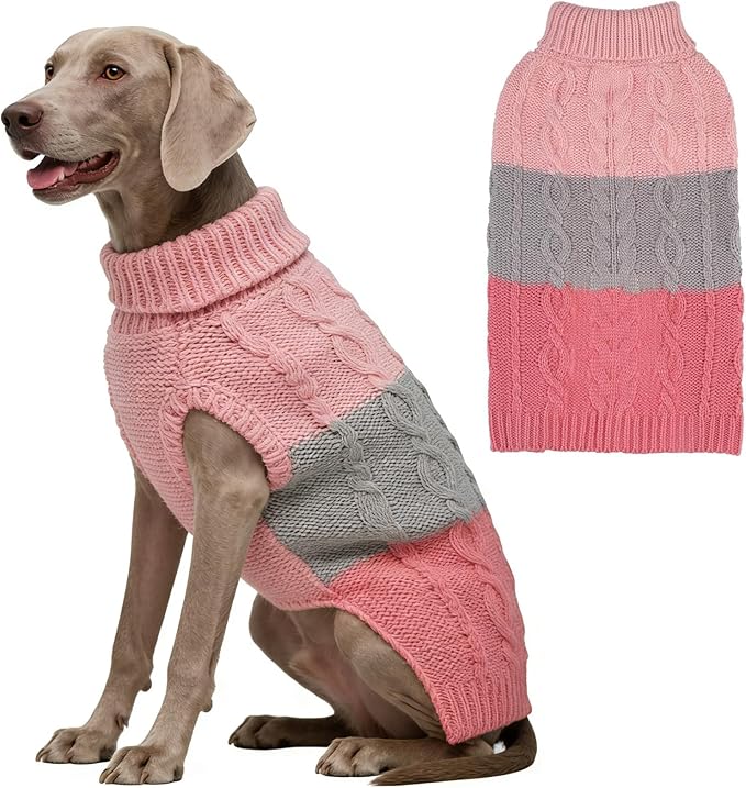 EXPAWLORER Dog Sweater with Leash Hole - Large Dogs Fall Sweaters for Girls Boys,Classic Turtleneck Knitwear Dog Clothes for Cold Weather, Cable Knit Dogs Outfit,Coat,Pet Apparel(Pink&Grey,L/XL)