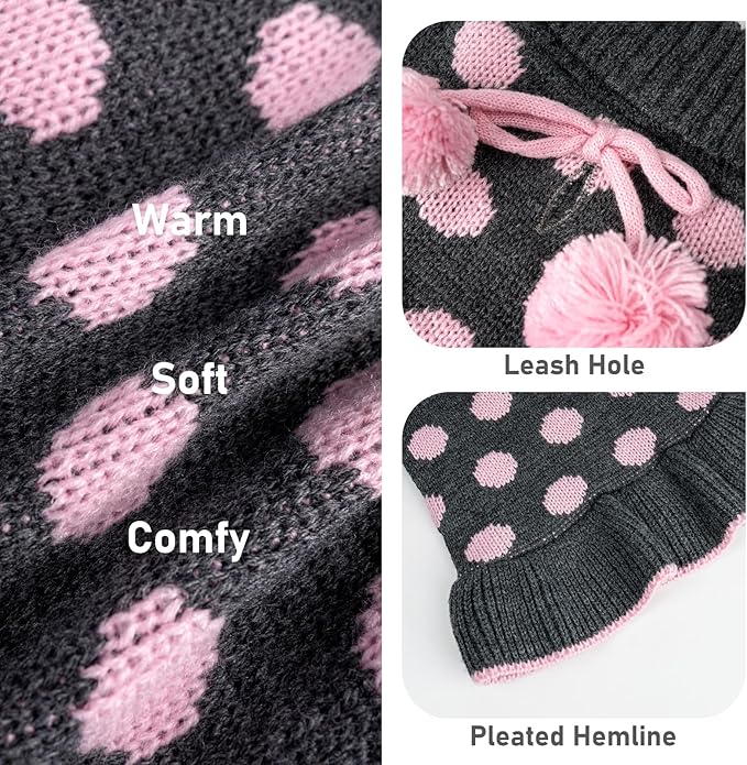 KYEESE Dog Sweater Dress Polka Dot Dog Sweater for Girl with Leash Hole Knit Warm Dogs Clothes with Pom Pom Ball for Fall Winter