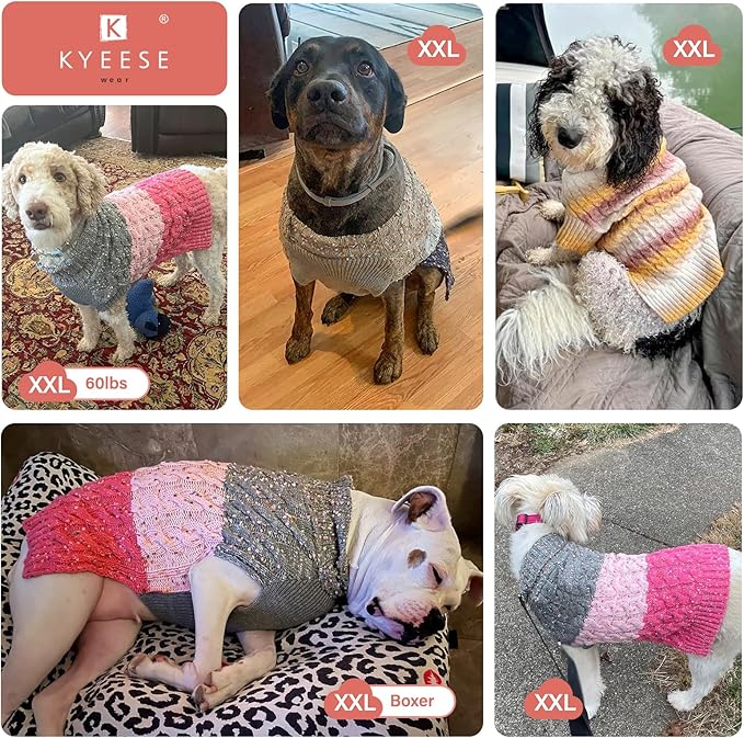 KYEESE Dog Sweater Color Block with Fuzzy Thread Knitted Turtleneck Knitwear with dots in a Variety of Colors Dog Sweater for Large Dogs Fall Winter Dogs Clothes, Navyblue, XXL