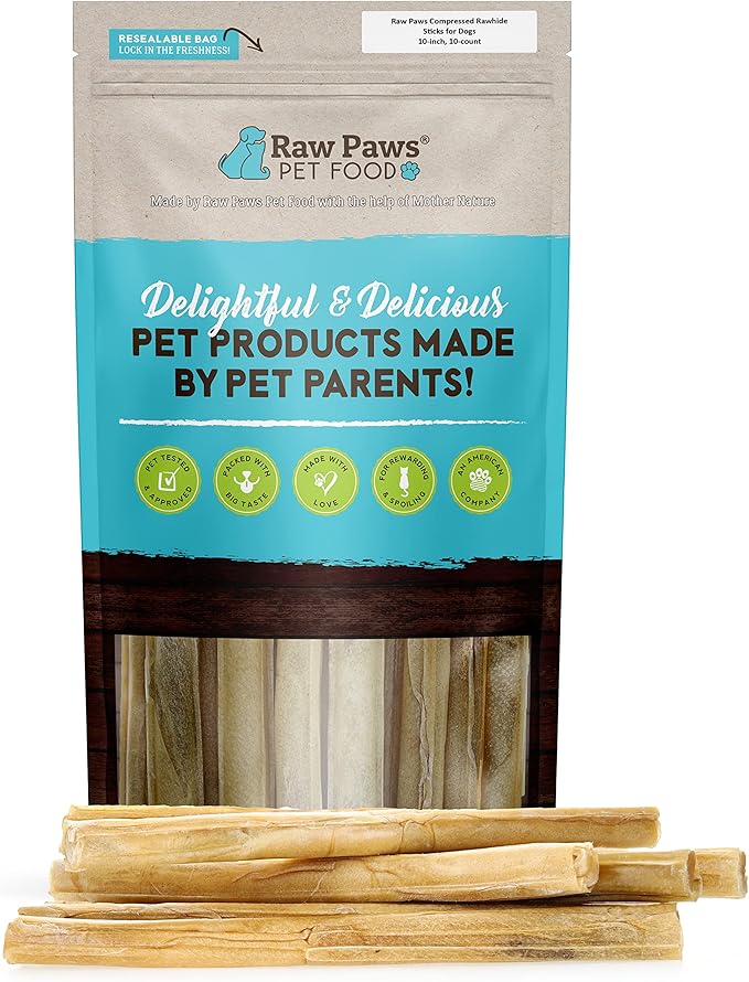 Raw Paws 10-inch Compressed Rawhide Sticks for Dogs, 10-ct - Pressed Rawhide Chews for Large & Medium Dogs - Safe Hide Rolls - Natural Dog Chew Long Lasting for Aggressive Chewers