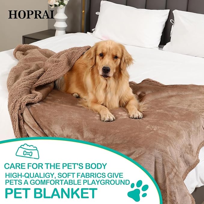 HOPRAI Waterproof Pet Blanket for Medium Large Dogs Washable Fluffy Thick Jacquard Shag Fleece Warm Sherpa Pet Blanket Cats Puppy Couch Protection (Light Coffee L57*65inches)