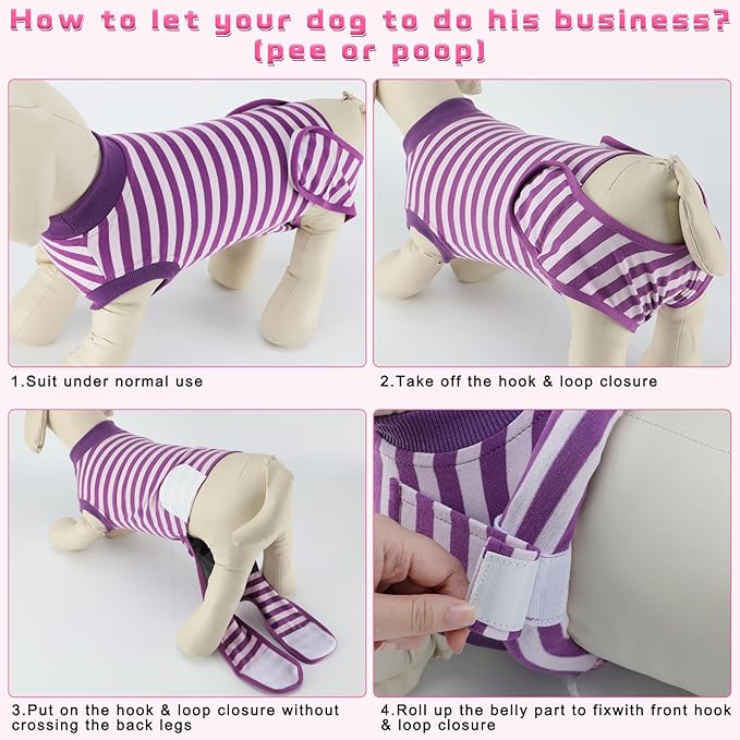 2 Packs Breathable Cotton Dog Recovery Suit for After Neuter Spay Abdominal Wounds Protector, Professional Anti-Licking Onesies for Male Female Pets Surgery Bandages, L Purple & Pink Stripes