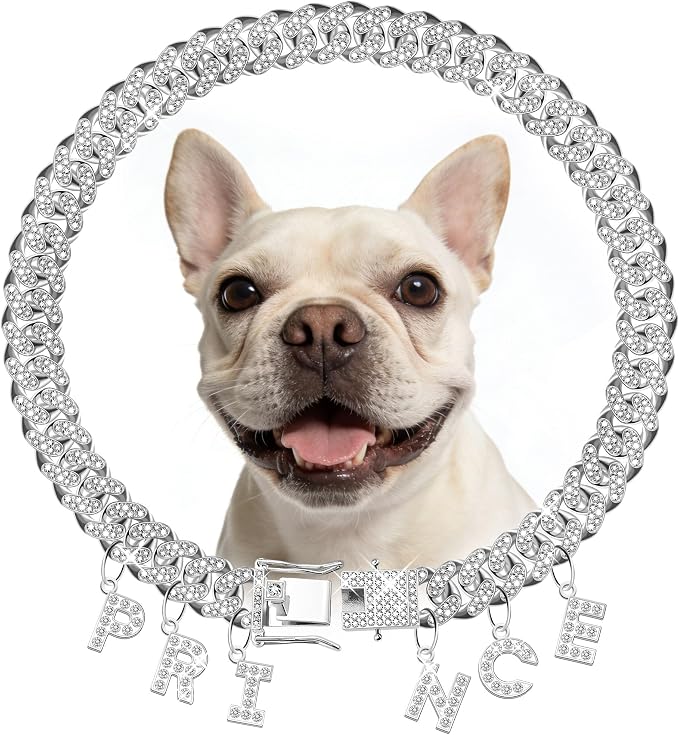 Custom Dog Chain Collar with Name, Diamond Collars Metal Chain Necklace with Secure Buckle, Cuban Style Jewelry Accessories for Puppy Small Medium Large Dogs(Silver, 16 Inch)