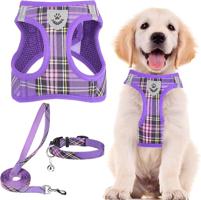 PUPTECK Adjustable Dog Harness Collar and Leash Set Step in No Pull Pet Harness for Small Medium Dogs Puppy and Cats Outdoor Walking Running, Soft Mesh Padded Reflective Vest Harnesses, Purple M