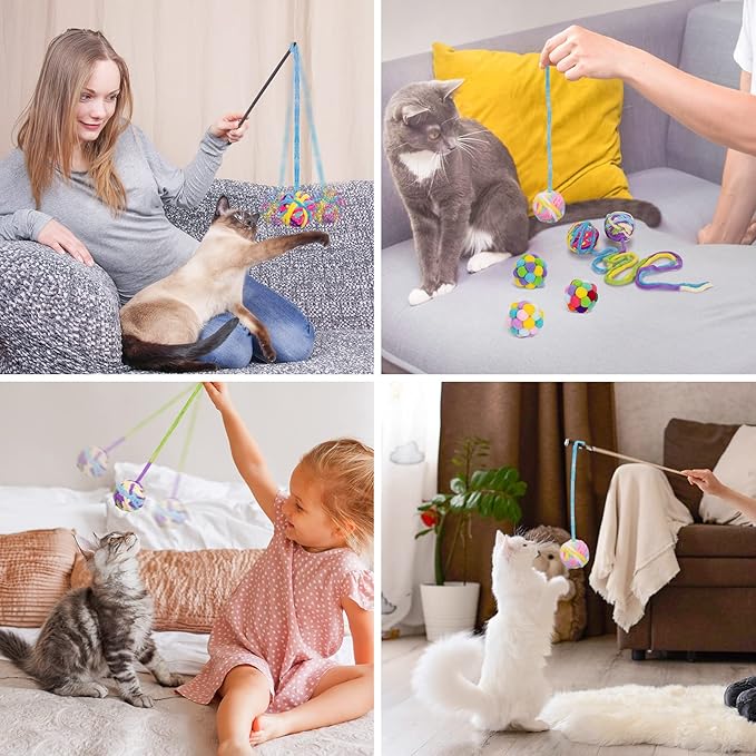Retro Shaw Cat Toys Balls, 6Pcs Woolen Yarn Cat Ball Toy with Bell Inside, Interactive Kitten Toys for Indoor Cats Kitty, Chew Toys Jingle Pompom Ball with String