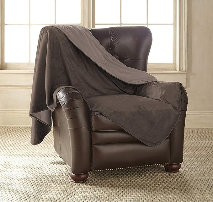 Mambe Silky Waterproof Throw for Protecting Furniture Bed Couch from Stains Caused by Dogs, Cats, Incontinence. Soft, Washable, Reversible. (Size Long/Sofa 70x120 inches, Color Chocolate/Cappuccino)
