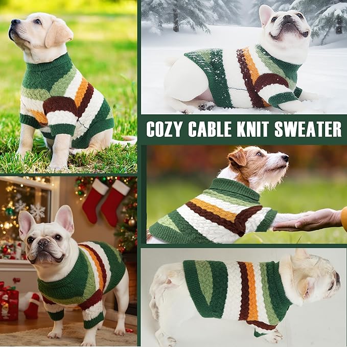 Dog Sweater, Classic Turtleneck Knitted Striped Dog Sweaters, Warm Sweater for Winter, Soft Christmas Sweaters for Boy Girl, Dogs Clothes for Small/Medium Cats, Doggys (Green, Small)