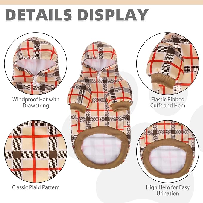 KOOLTAIL Plaid Dog Hoodie for Small Medium Large Dogs - Pet Clothes Sweater with Hat and Pocket for Cold Weather Winter, Warm Soft Dog Hooded Sweatshirt Coat Outfit for Puppy Cats Girls Boys Beige S