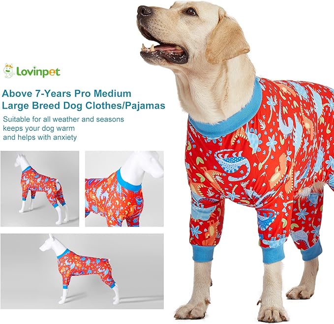LovinPet Pitbull Dog Pajamas, Large Dog Onesies for Surgery Care, Lightweight Stretchy Knit Fabric, Dinosaur Jungle Red Print, Pet Clothes, UV Protection, Pet Anxiety Relief, PJ's for Dogs, XL