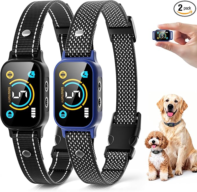 2 Pack Bark Collar, Smart Dog Bark Collar for Large Medium Small Dogs, Rechargeable Ultra-Light Training Collar with Beep Vibration, Anti Barking Device with 5-Level Sensitivity (BlackBlue)