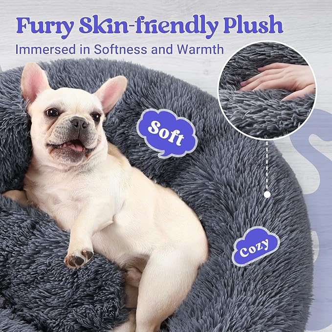 rabbitgoo Dog Bed for Small, 24 inches Machine Washable, Fluffy Donut Pet Bed Anti-Slip, Calming Soft Plush Round Cushion, Fits up to 18 lbs Pets, Dark Grey