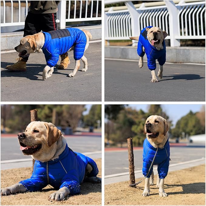 Dog Warm Jacket Coat, 4 Legs Covered, Waterproof Windproof Reflective, Zippered Adjustable Outdoor Snow Jacket for Small-Medium-Large Dogs Blue