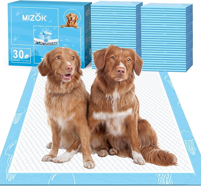 MIZOK Dog Pee Pads 28x44in Extra Long Dog Pads 12 Cups Superior Absorption Leak-Proof Pee Pads for Dogs Marine Scented Odor-Control Puppy Pads with Jellyfish Pattern (30 Counts)