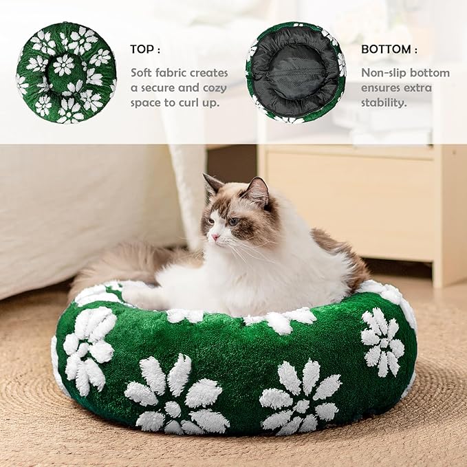 Yaning Donut Dog Beds for Small Dogs, Calming Round Cat Beds for Indoor Cats, Cute 3D Textured Flower Pet Bed with Removable Washable Cover and Anti-Slip Bottom（Green，20"）