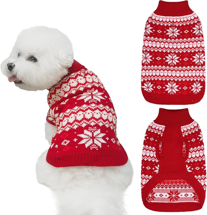 KOOLTAIL Cable Knit Small Dog Sweater Turtleneck, Cold Weather Pullover Classic Knitwear with Leash Hole, Snowflake Pattern Thick Warm Winter Pet Clothes, Medium Dog Christmas Sweater, Red SM