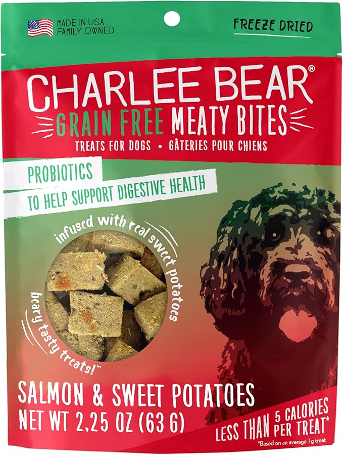 Charlee Bear Grain Free Meaty Bites Freeze Dried Dog Treats, Salmon and Sweet Potato, 2.25 Ounce Resealable Bag, Training Treats or Meal Topper Dogs, High Protein Dog Snacks, Made in USA