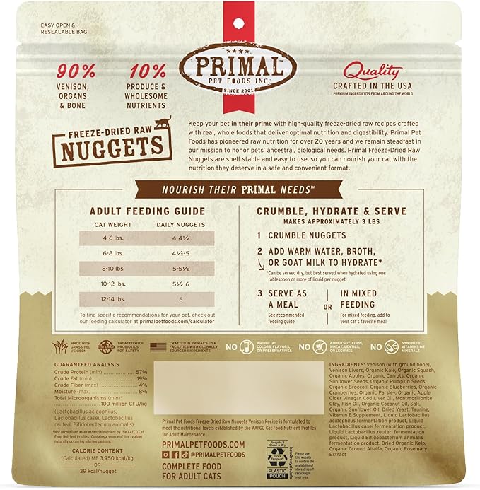 Primal Freeze Dried Raw Cat Food Nuggets Venison, Complete & Balanced Meal or Topper, Premium, Healthy, Grain Free, High Protein Raw Cat Food with Probiotics (14 oz)