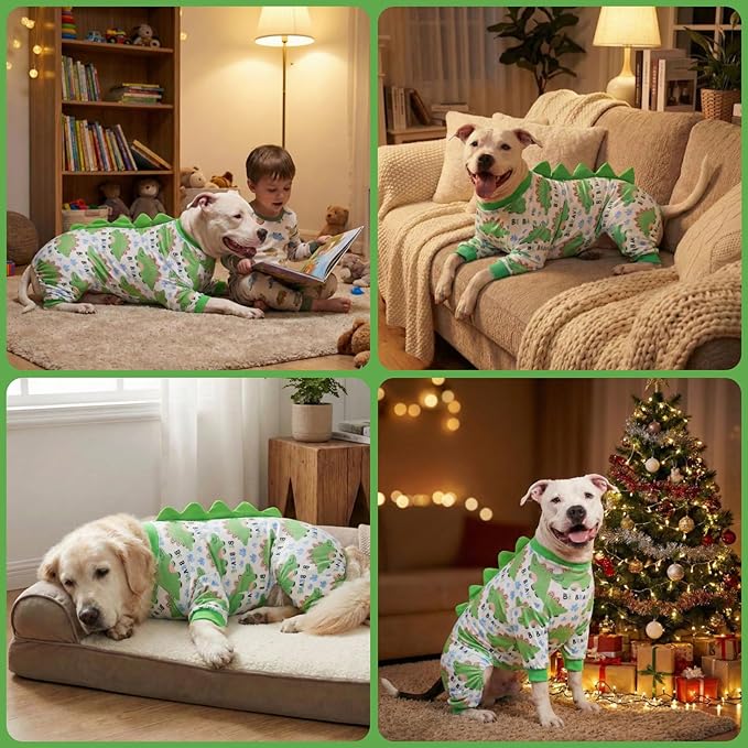 LovinPet Large Dog Pajamas, Four-Leg Stretch Onesie Bodysuit, Lightweight UV-Shielding Pajamas, Anti-Lick Calming Recovery Suit for Surgery, Pull-On for Medium and Large Breeds,White Green,M