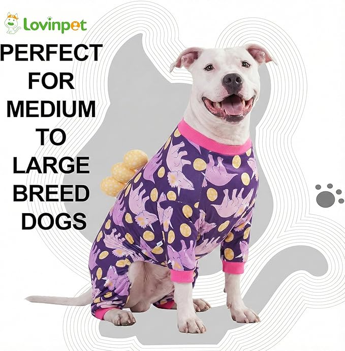 LovinPet Large Dog Pajamas, Four-Leg Stretch Onesie Bodysuit, Lightweight UV-Shielding Pajamas, Anti-Lick Calming Recovery Suit for Surgery, 3D Dino Egg Spikes, Easy on/Off， Purple， 3XL