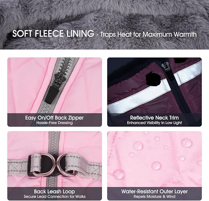 FUAMEY Dog Coat for Small Dogs,Waterproof Dog Winter Jacket with Harness Built in Puppy Cold Weather Coats Reflective Pet Vest with Zipper Warm Fleece Dogs Snowsuit Windproof Pink XS
